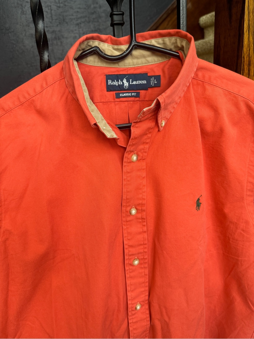 Large Ralph Lauren Classic Fit Button-Down Shirt in Coral Red with Tan Trim